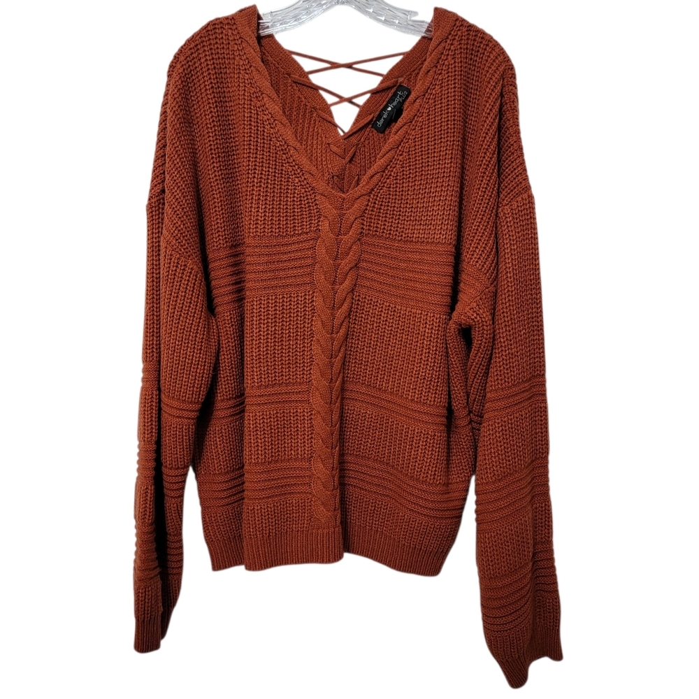 Derek Heart Plus | Burnt Orange Lace Up Back V-Neck Sweater Cable Knit Autumn